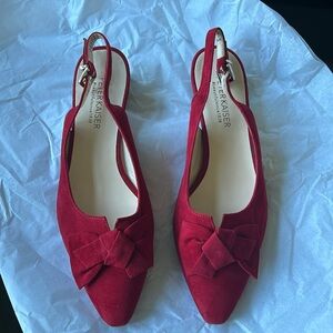 Red Suede Slides, new, never worn, prestige condition